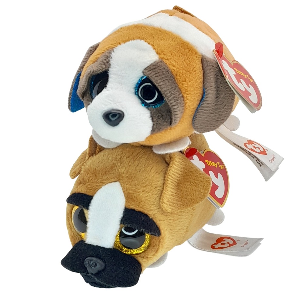 Ty Teeny Tys Diggs Brown Dog and Gypsy St Bernard Plush Set of 2 Glitter Eyes